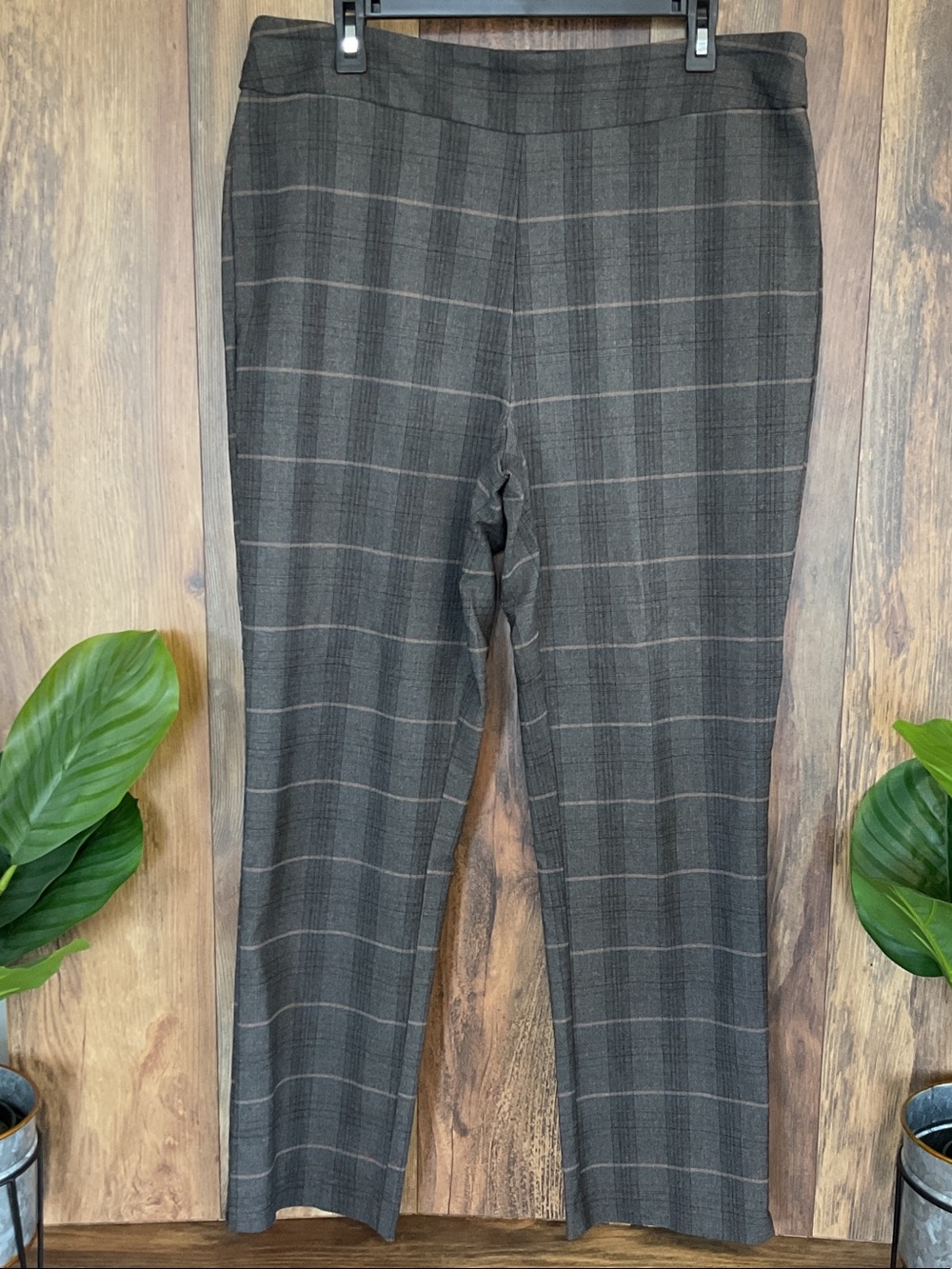 Eric Casual Gray/Tan Plaid Windowpane Stretch Waist Dress Pants XL W477